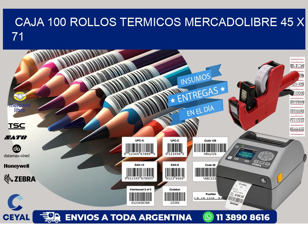 CAJA 100 ROLLOS TERMICOS MERCADOLIBRE 45 x 71