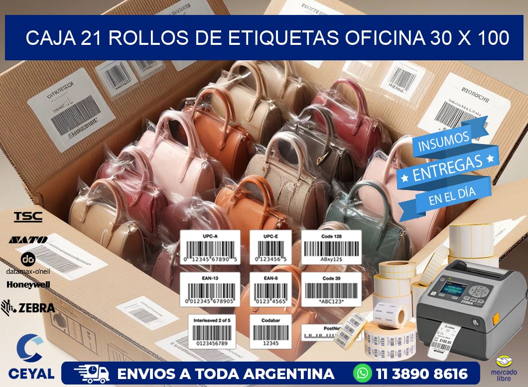 CAJA 21 ROLLOS DE ETIQUETAS OFICINA 30 x 100