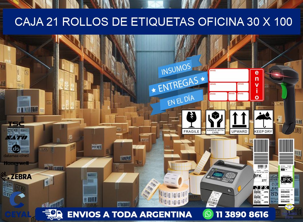 CAJA 21 ROLLOS DE ETIQUETAS OFICINA 30 x 100