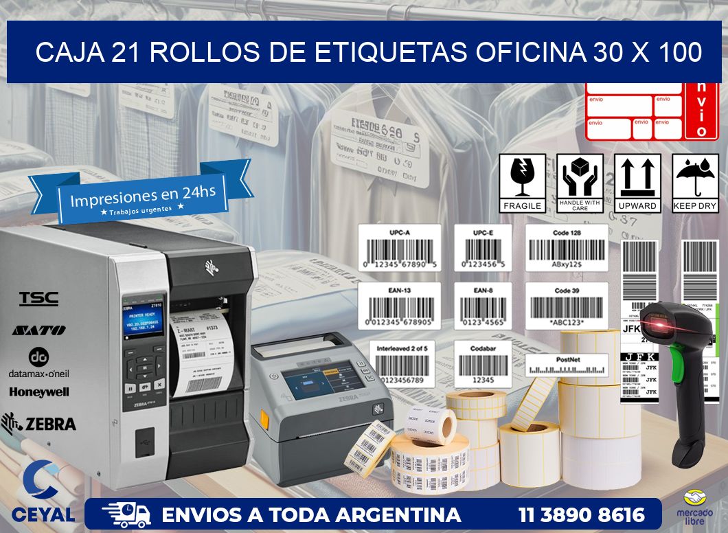 CAJA 21 ROLLOS DE ETIQUETAS OFICINA 30 x 100
