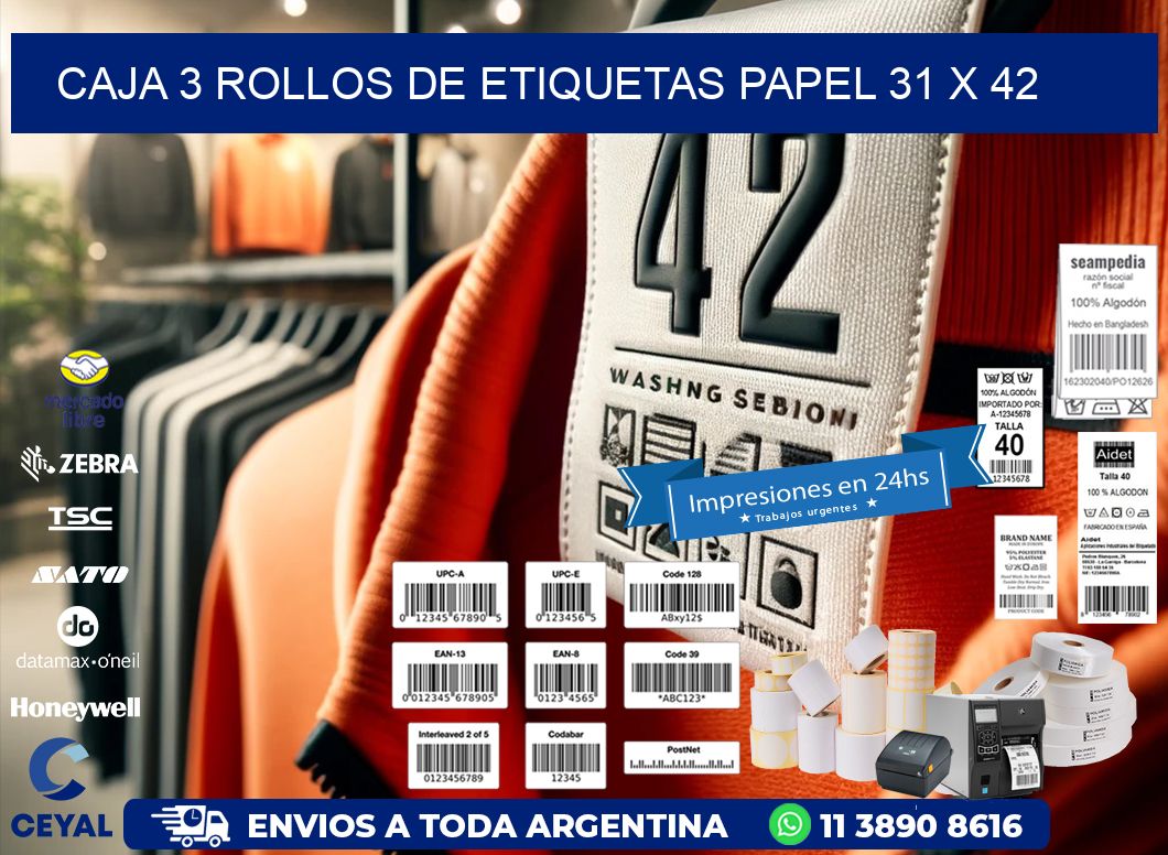 CAJA 3 ROLLOS DE ETIQUETAS PAPEL 31 x 42