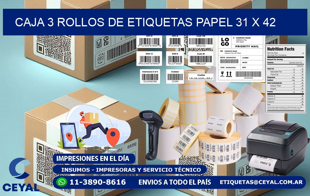 CAJA 3 ROLLOS DE ETIQUETAS PAPEL 31 x 42