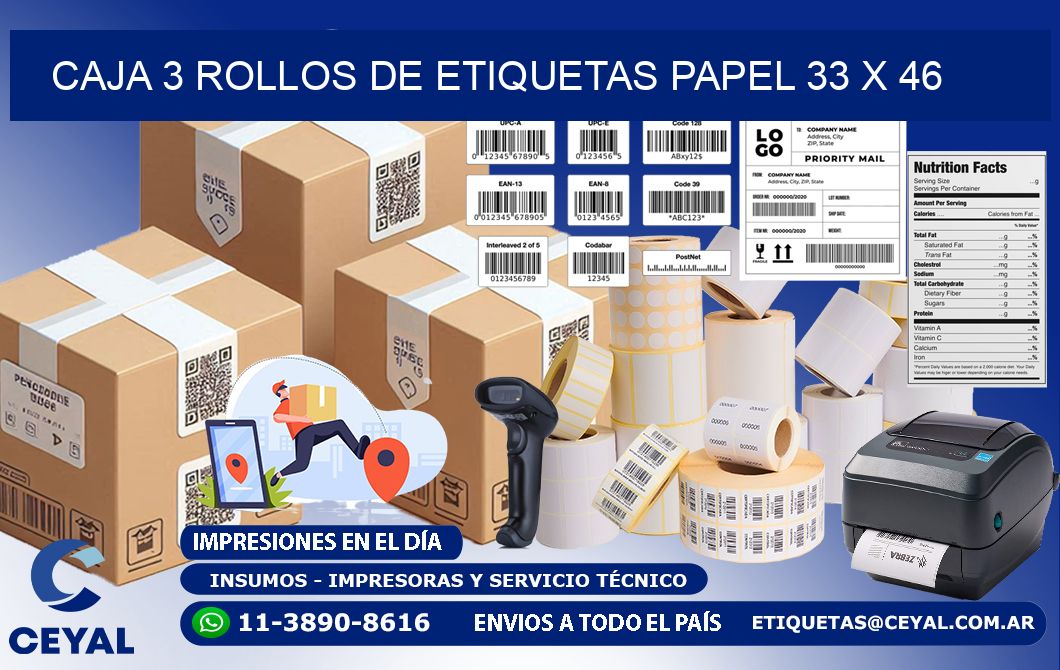 CAJA 3 ROLLOS DE ETIQUETAS PAPEL 33 x 46