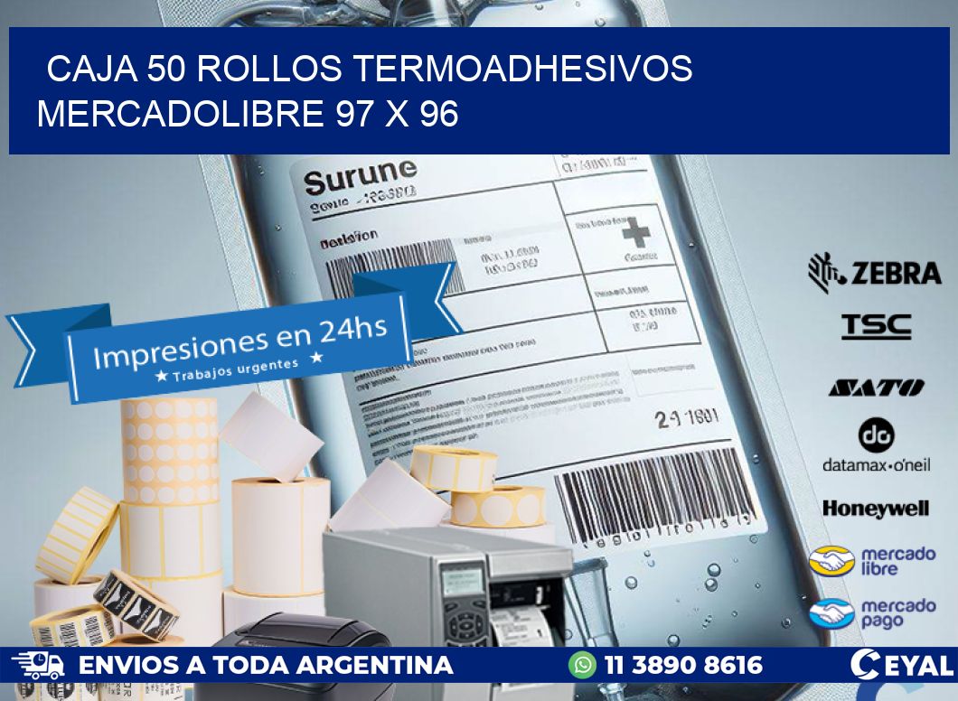 CAJA 50 ROLLOS TERMOADHESIVOS MERCADOLIBRE 97 x 96