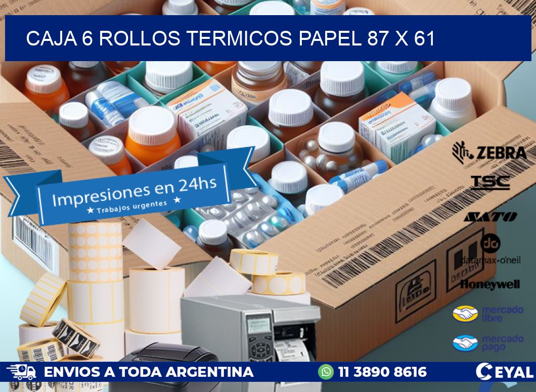 CAJA 6 ROLLOS TERMICOS PAPEL 87 x 61