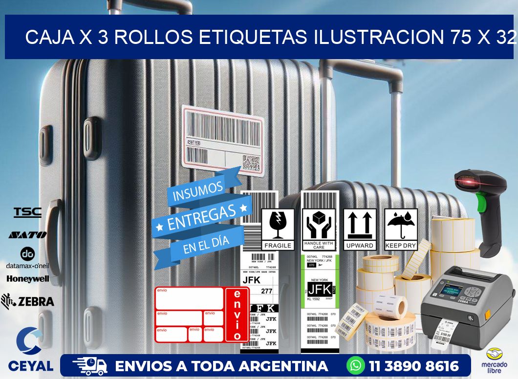 Caja X 3 Rollos Etiquetas Ilustracion 75 x 32