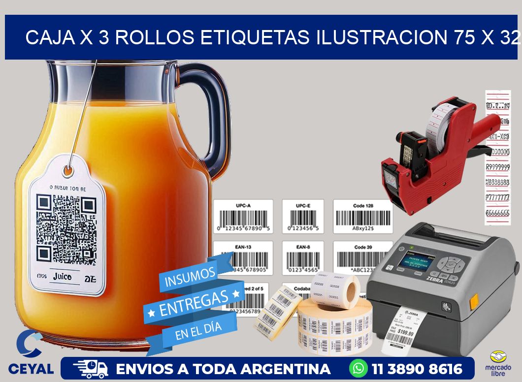 Caja X 3 Rollos Etiquetas Ilustracion 75 x 32