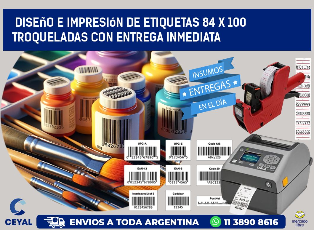 Diseño e impresión de etiquetas 84 x 100 troqueladas con entrega inmediata