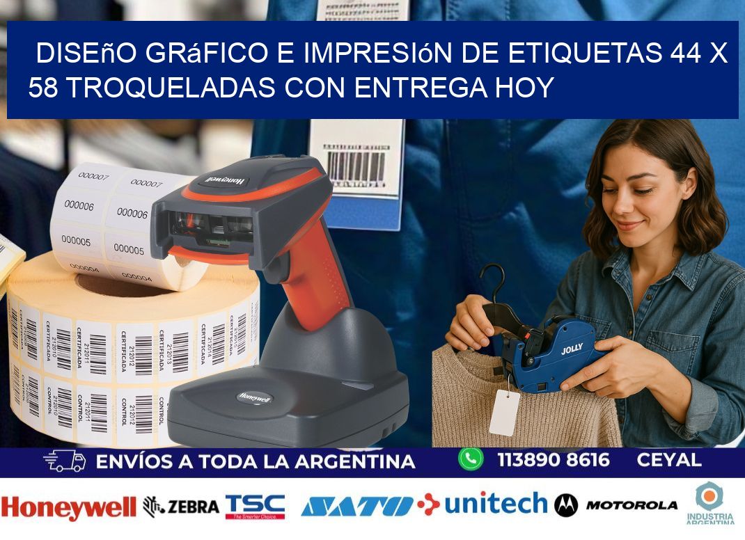 Diseño gráfico e impresión de etiquetas 44 x 58 troqueladas con entrega hoy