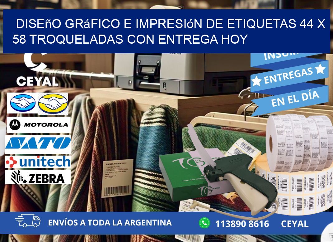Diseño gráfico e impresión de etiquetas 44 x 58 troqueladas con entrega hoy