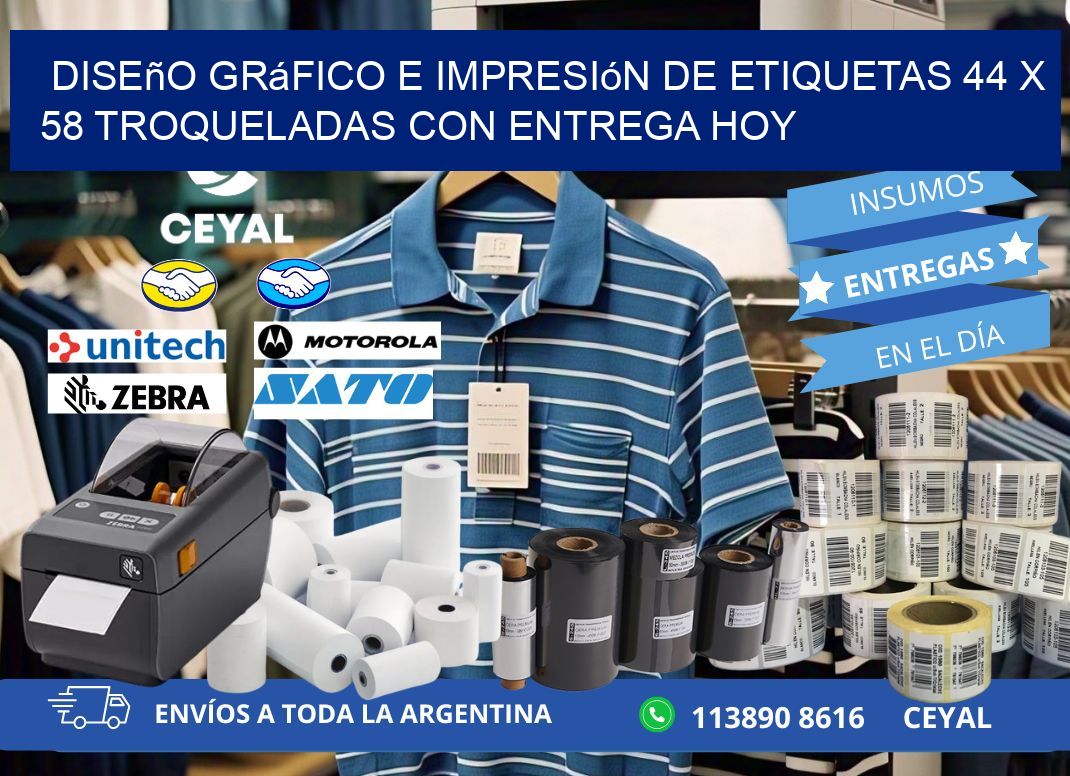 Diseño gráfico e impresión de etiquetas 44 x 58 troqueladas con entrega hoy