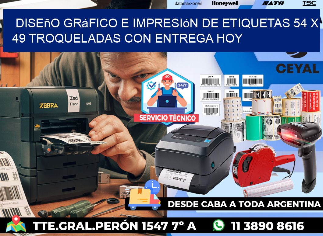 Diseño gráfico e impresión de etiquetas 54 x 49 troqueladas con entrega hoy