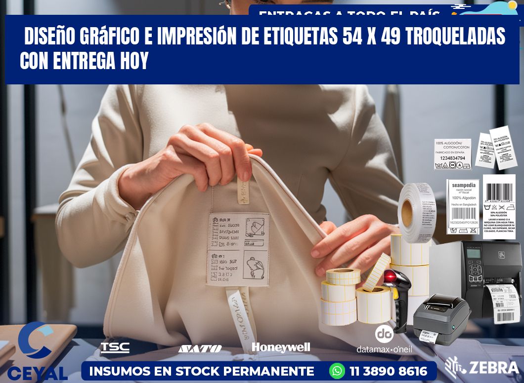 Diseño gráfico e impresión de etiquetas 54 x 49 troqueladas con entrega hoy