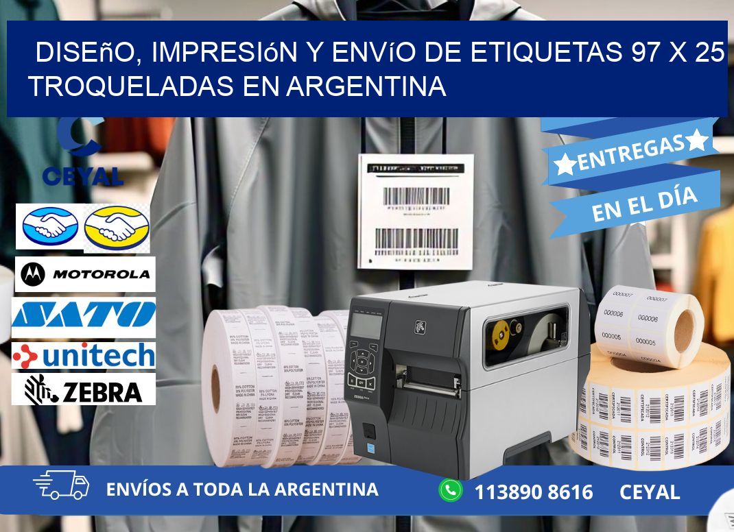 Diseño, impresión y envío de etiquetas 97 x 25 troqueladas en Argentina