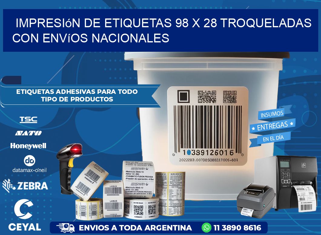 Impresión de etiquetas 98 x 28 troqueladas con envíos nacionales