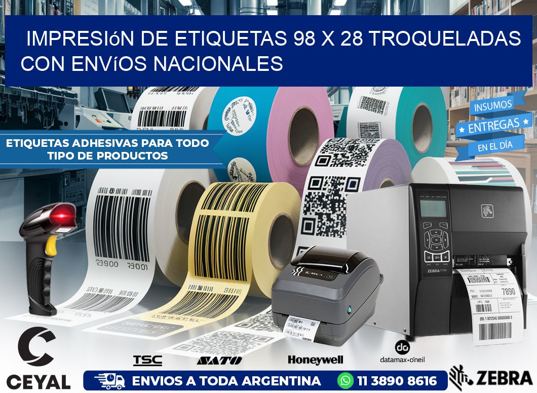 Impresión de etiquetas 98 x 28 troqueladas con envíos nacionales