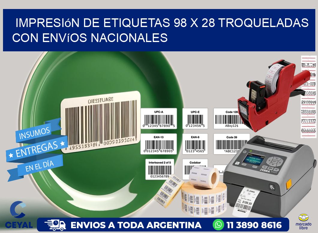 Impresión de etiquetas 98 x 28 troqueladas con envíos nacionales