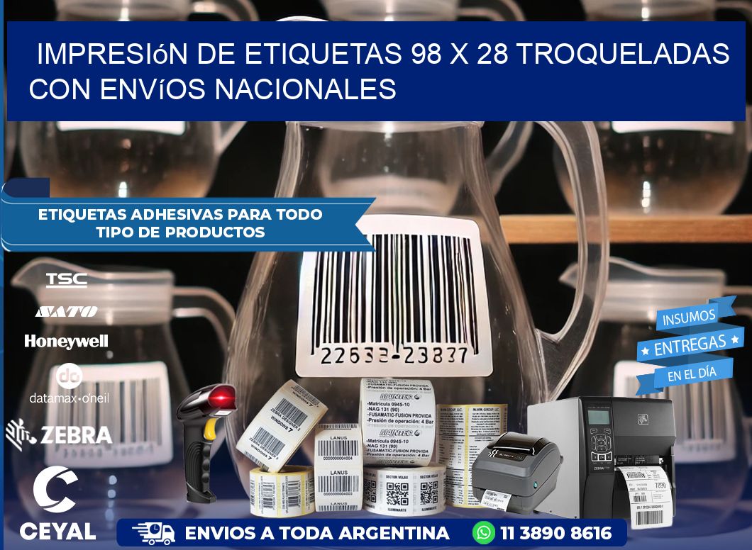 Impresión de etiquetas 98 x 28 troqueladas con envíos nacionales