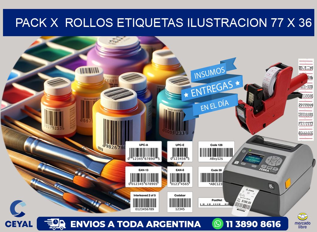 Pack X  Rollos Etiquetas Ilustracion 77 x 36