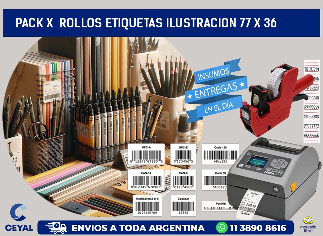 Pack X  Rollos Etiquetas Ilustracion 77 x 36