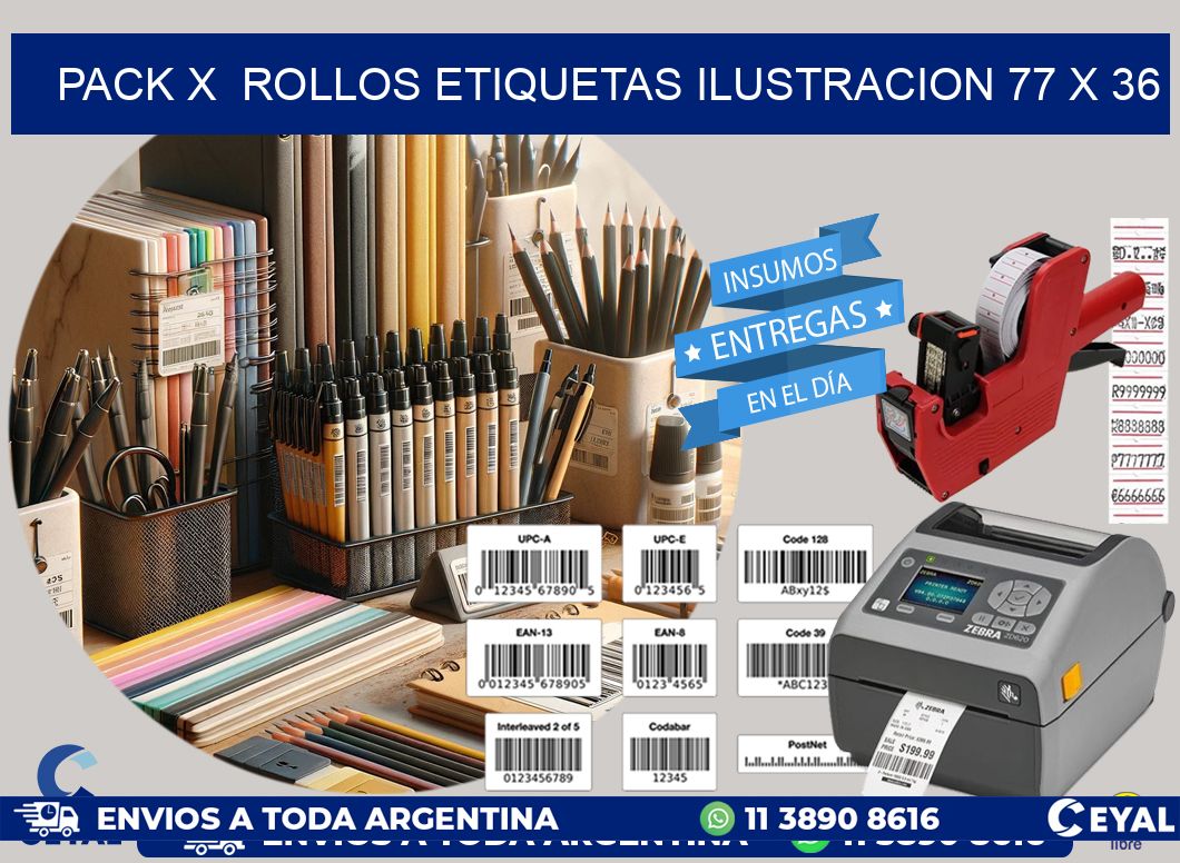 Pack X  Rollos Etiquetas Ilustracion 77 x 36