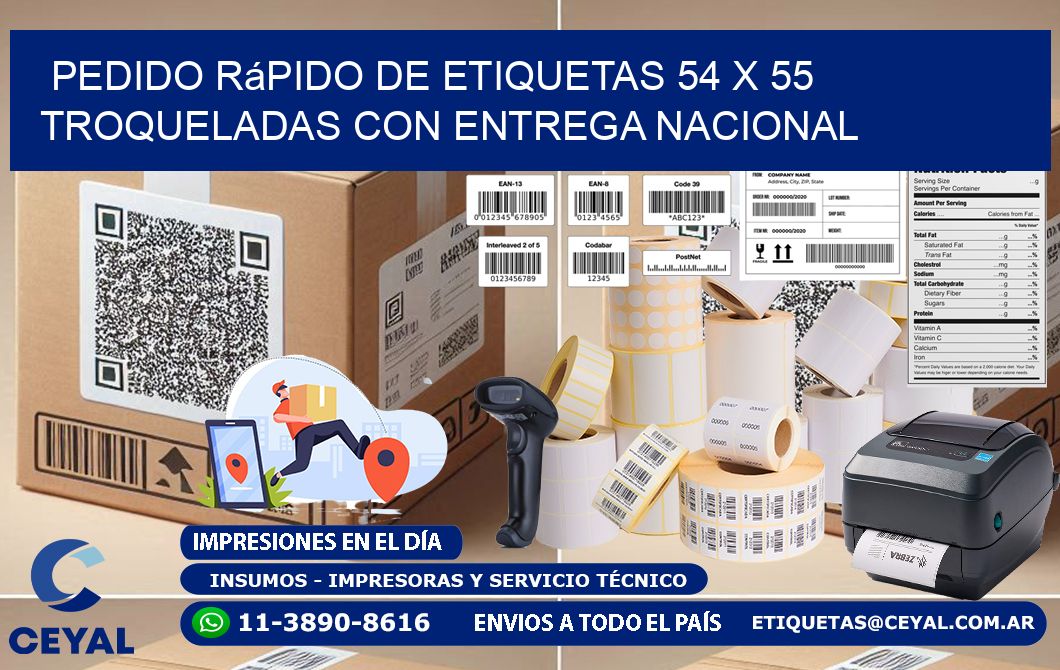 Pedido rápido de etiquetas 54 x 55 troqueladas con entrega nacional