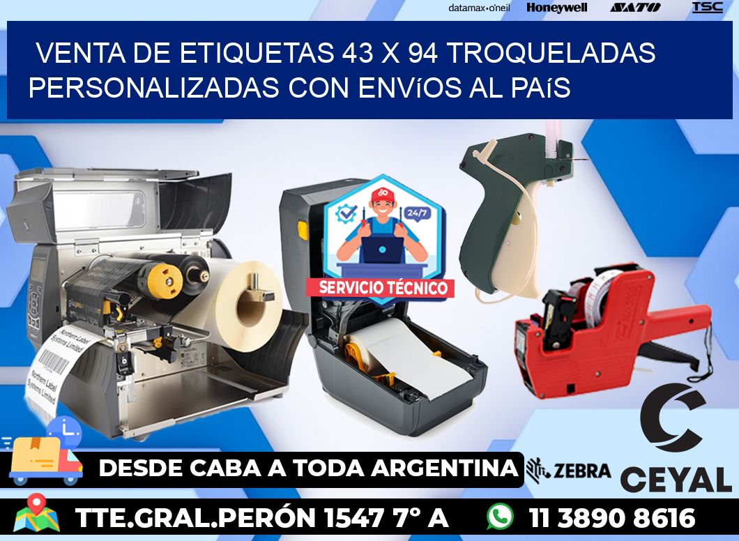 Venta de etiquetas 43 x 94 troqueladas personalizadas con envíos al país