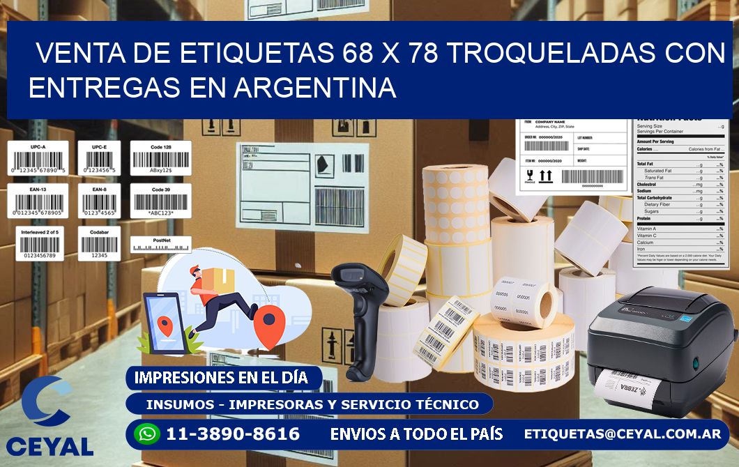 Venta de etiquetas 68 x 78 troqueladas con entregas en Argentina