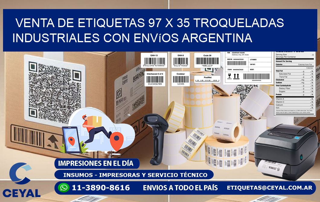 Venta de etiquetas 97 x 35 troqueladas industriales con envíos Argentina