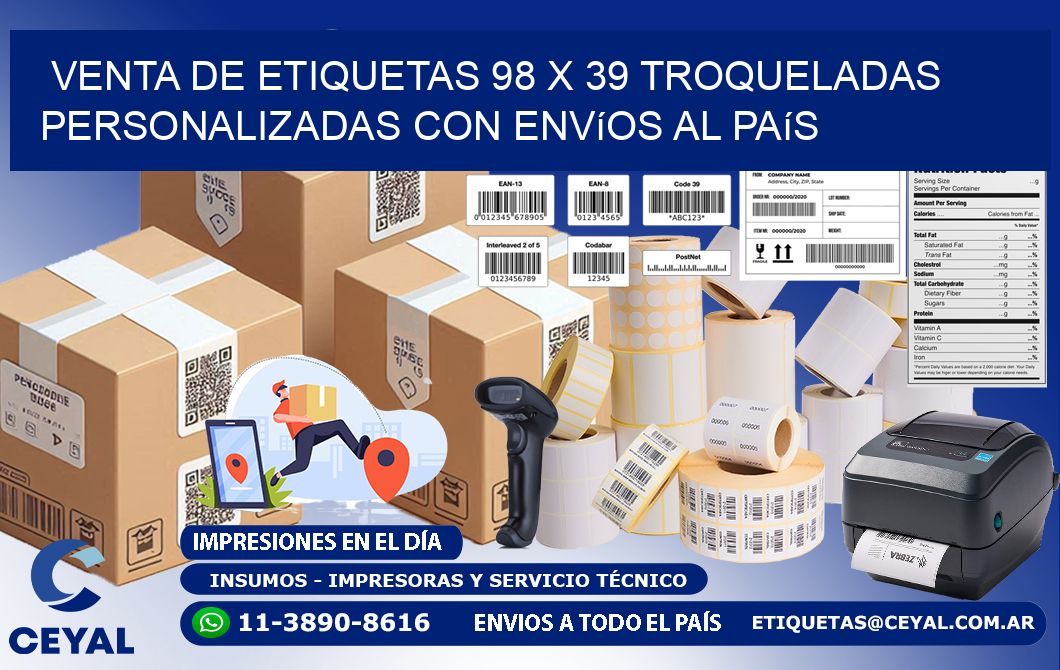 Venta de etiquetas 98 x 39 troqueladas personalizadas con envíos al país