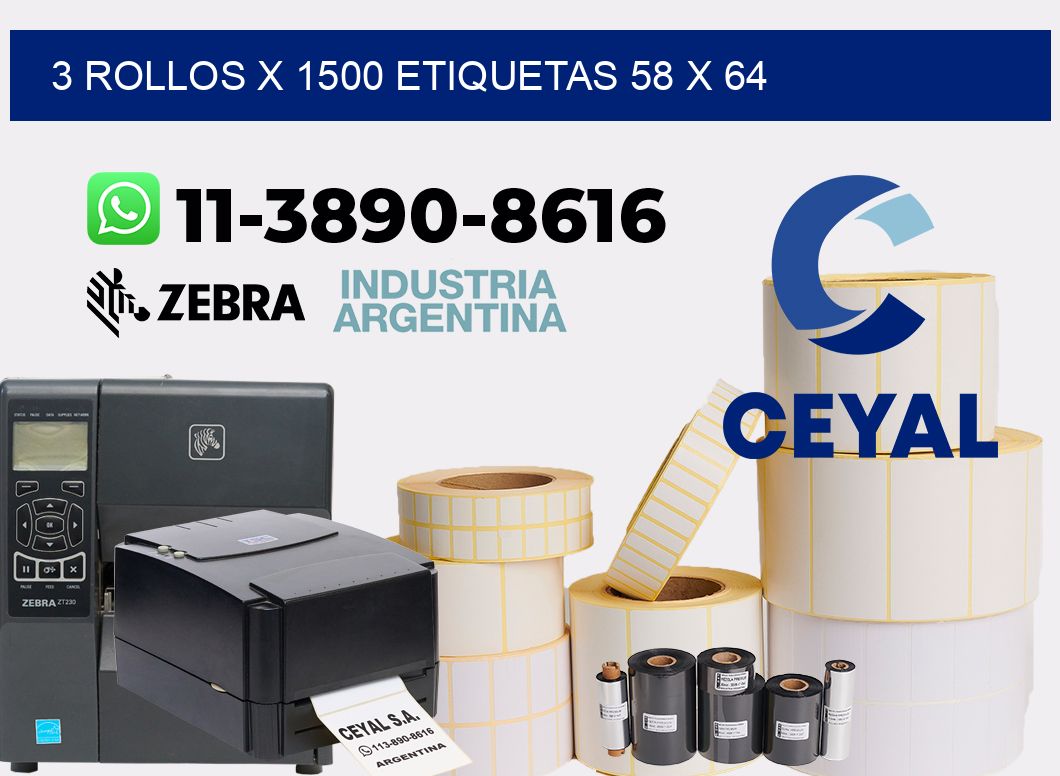 3 rollos x 1500 etiquetas 58 x 64