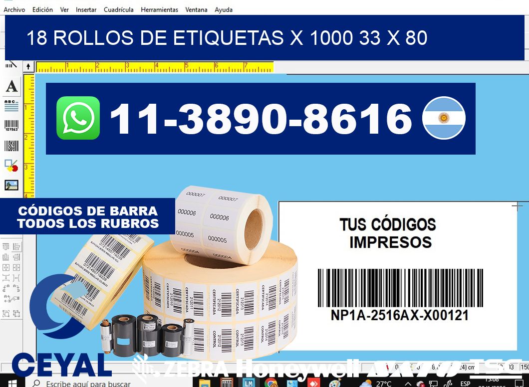 18 rollos de etiquetas x 1000 33 x 80