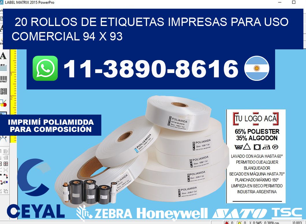 20 rollos de etiquetas impresas para uso comercial 94 x 93