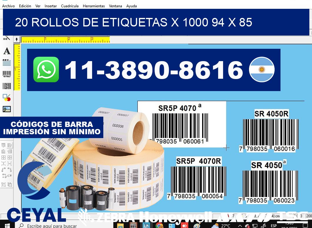 20 rollos de etiquetas x 1000 94 x 85