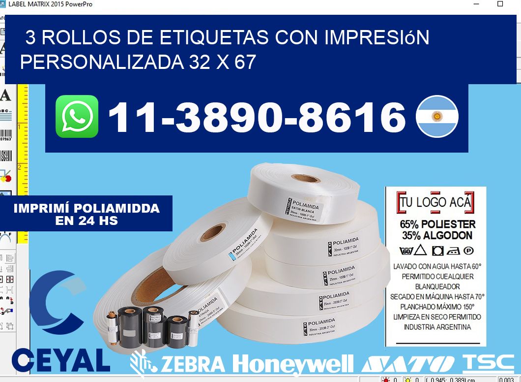 3 rollos de etiquetas con impresión personalizada 32 x 67