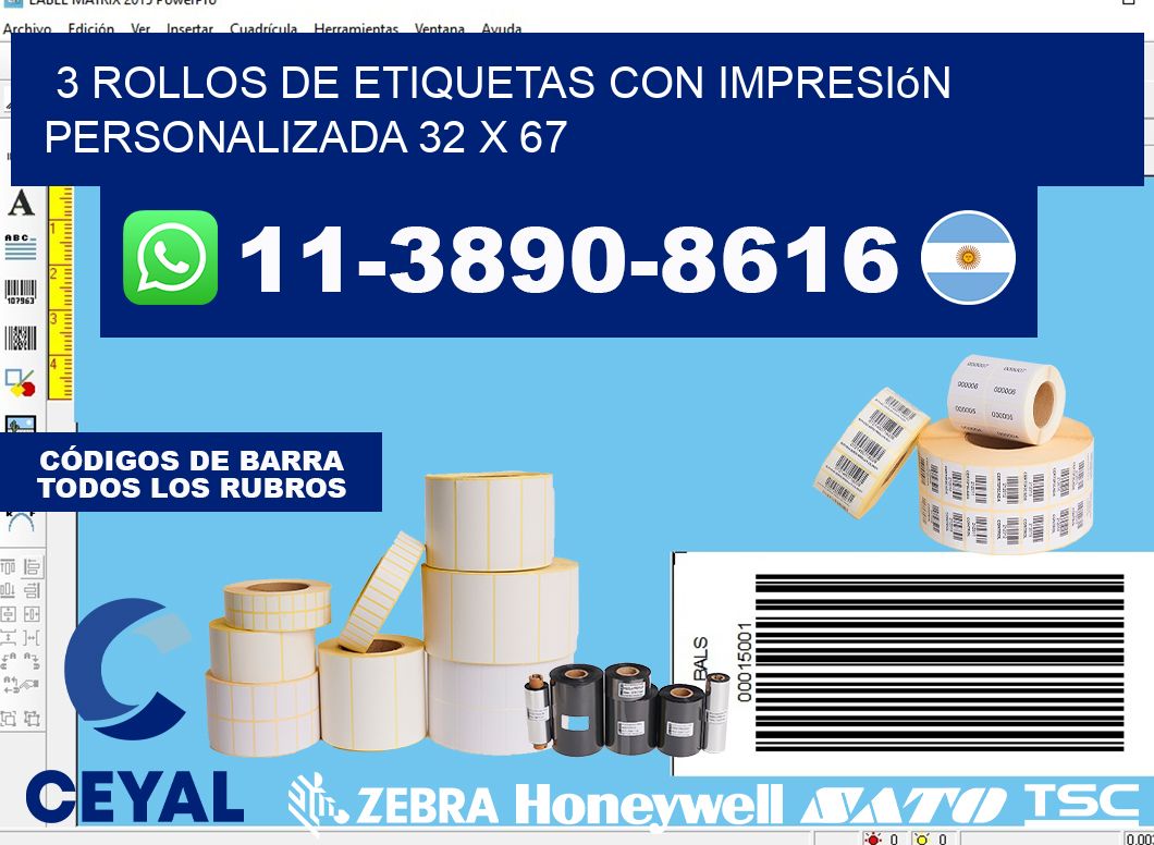 3 rollos de etiquetas con impresión personalizada 32 x 67