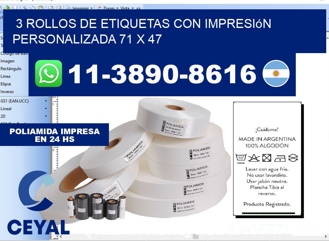 3 rollos de etiquetas con impresión personalizada 71 x 47