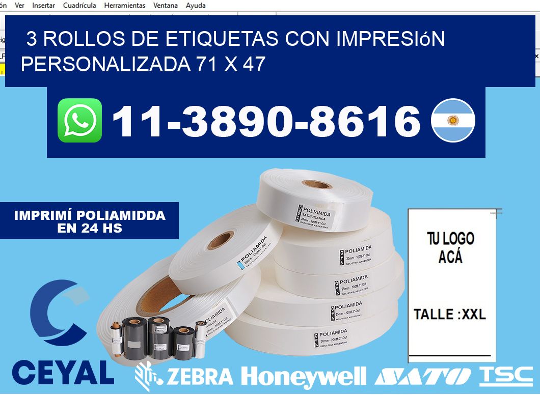 3 rollos de etiquetas con impresión personalizada 71 x 47