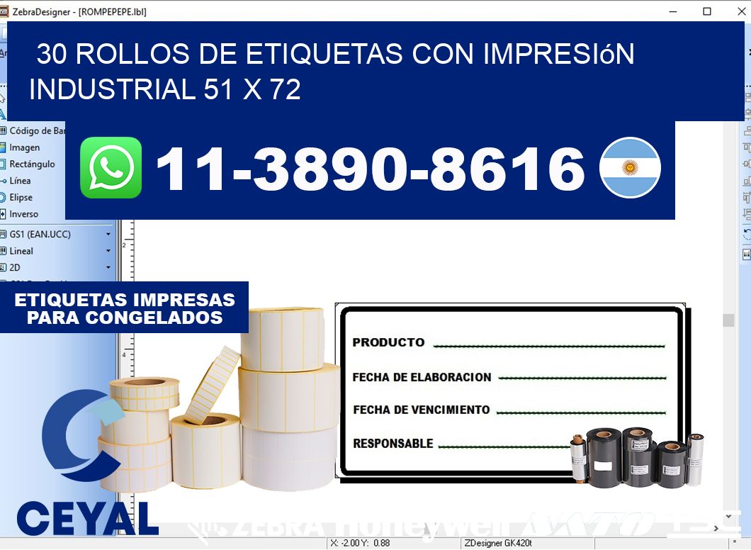 30 rollos de etiquetas con impresión industrial 51 x 72