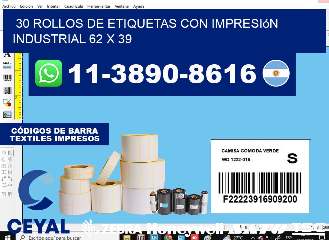 30 rollos de etiquetas con impresión industrial 62 x 39