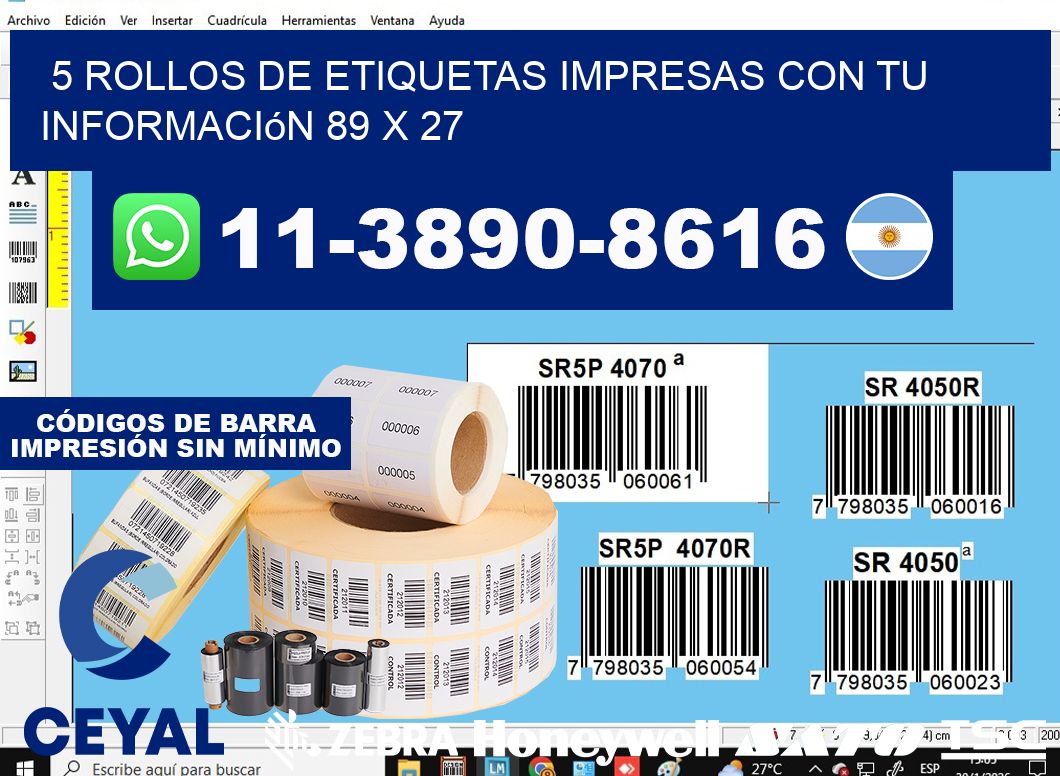 5 rollos de etiquetas impresas con tu información 89 x 27