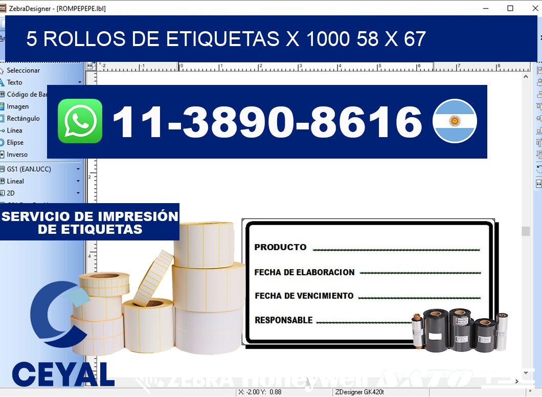 5 rollos de etiquetas x 1000 58 x 67
