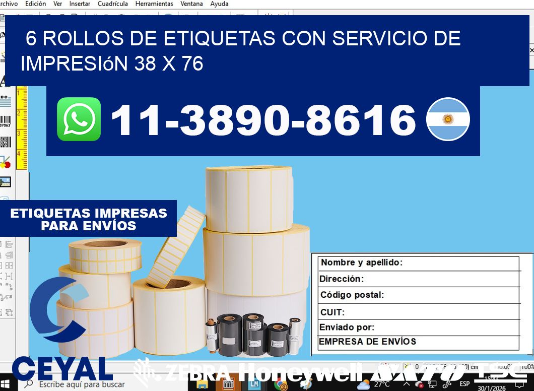 6 rollos de etiquetas con servicio de impresión 38 x 76