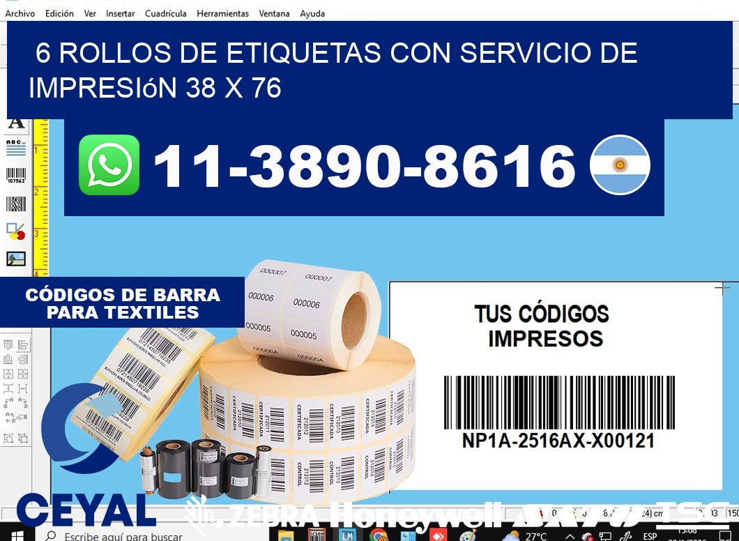 6 rollos de etiquetas con servicio de impresión 38 x 76