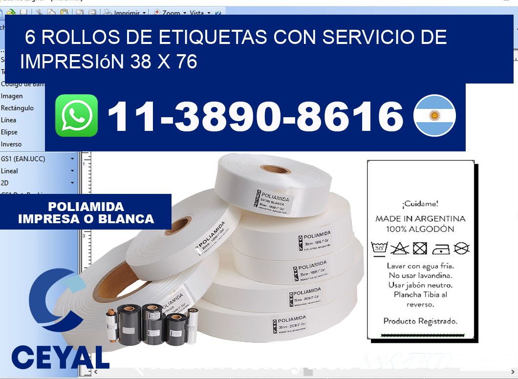 6 rollos de etiquetas con servicio de impresión 38 x 76