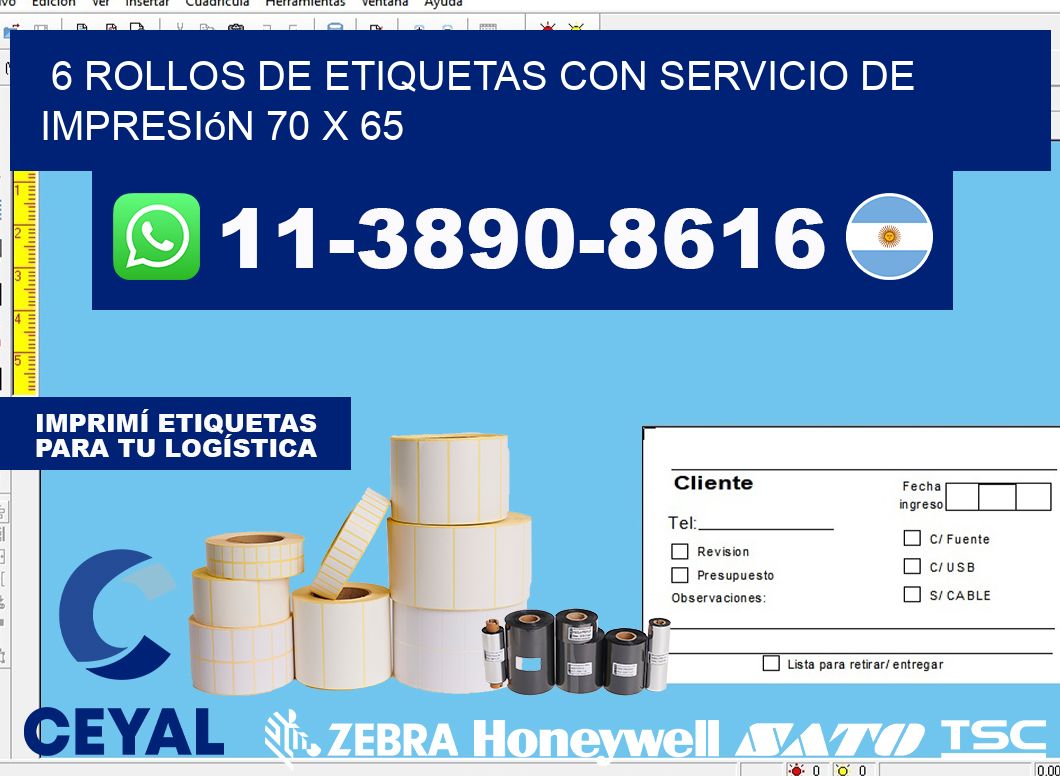 6 rollos de etiquetas con servicio de impresión 70 x 65