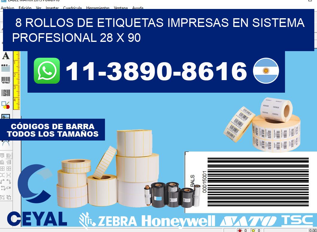 8 rollos de etiquetas impresas en sistema profesional 28 x 90